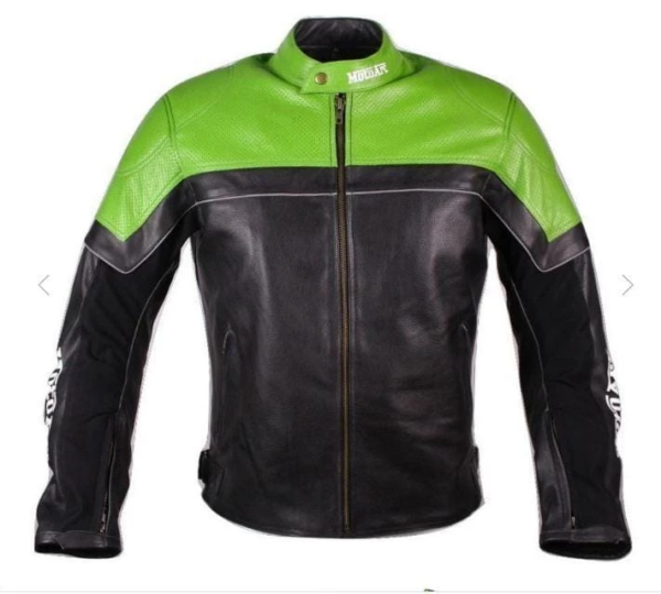 Handmade motorcycle leather jacket motorcar racing pro series green black perforated leather jacket - leathersguru