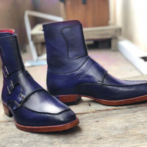 Bespoke Blue Leather Ankle Three Monk Strap Boot - leathersguru