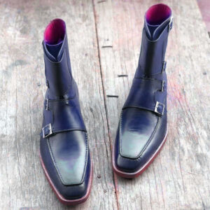 Bespoke Blue Leather Ankle Three Monk Strap Boot - leathersguru