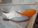 Bespoke Gray White Leather Wing Tip Lace Up Shoe for Men - leathersguru