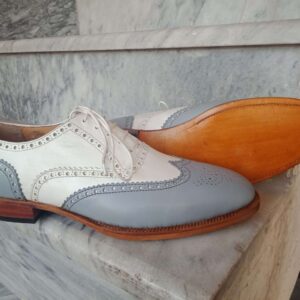 Bespoke Gray White Leather Wing Tip Lace Up Shoe for Men - leathersguru