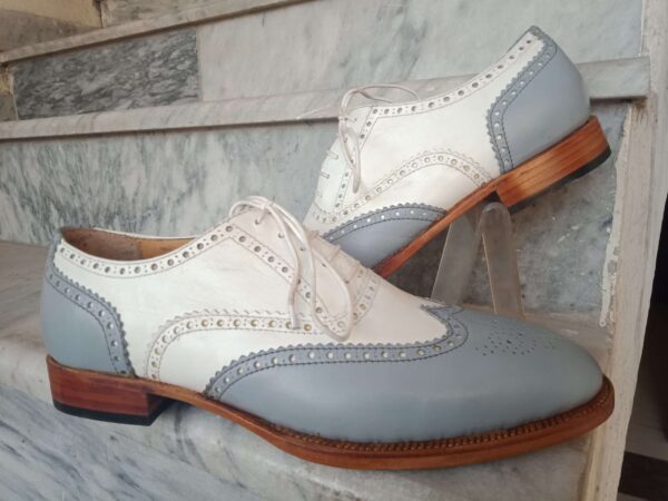 Bespoke Gray White Leather Wing Tip Lace Up Shoe for Men - leathersguru