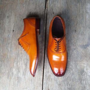 Handmade Tan Color Brogue Lace Up Shoes - leathersguru