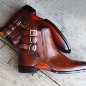 Handmade Brown Leather Triple Buckle Boot - leathersguru