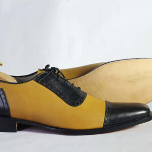 Bespoke Yellow & Black Leather Cap Toe Lace Up Shoe for Men's - leathersguru