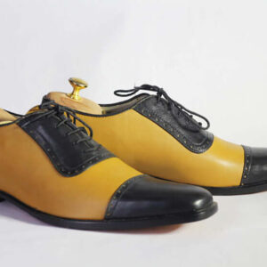 Bespoke Yellow & Black Leather Cap Toe Lace Up Shoe for Men's - leathersguru