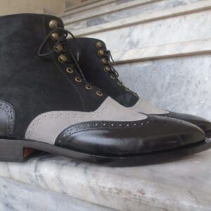 Leather Suede Wing Tip Gray Black Handmade Boot - leathersguru