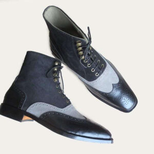 Leather Suede Wing Tip Gray Black Handmade Boot - leathersguru