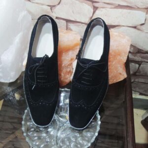 Handmade Men's Suede Black Wing Tip Brogue Shoes - leathersguru