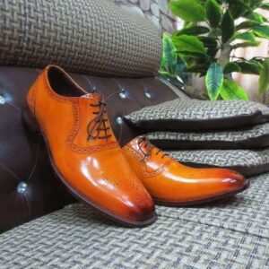 Handmade Tan Color Brogue Lace Up Shoes - leathersguru
