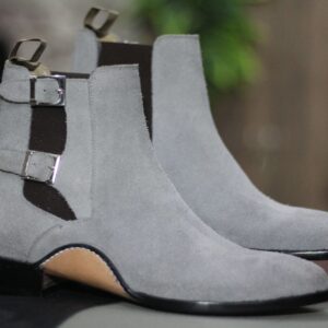 Men's Handmade Grey Suede Boot, Double Buckle Style Classic Boot