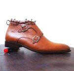 Handmade Tan Leather Double Monk Strap Boots - leathersguru