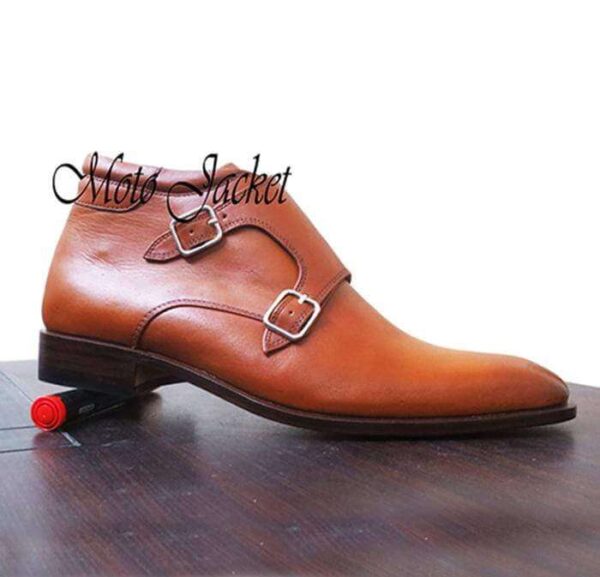 Handmade Tan Leather Double Monk Strap Boots - leathersguru