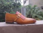 Handmade Tan Monk Strap Leather Brogue Shoes - leathersguru