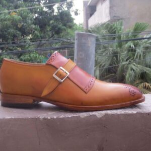 Handmade Tan Monk Strap Leather Brogue Shoes - leathersguru