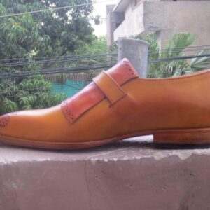 Handmade Tan Monk Strap Leather Brogue Shoes - leathersguru