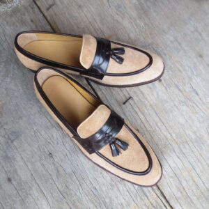 Handmade Men's Beige Suede Tussles Loafers - leathersguru