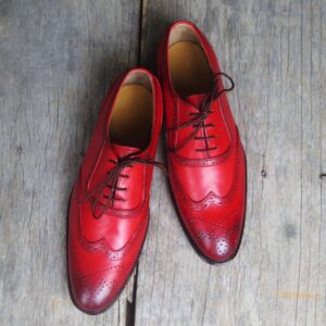 Bespoke Red Leather Wing Tip Lace Up Shoes for Men's - leathersguru