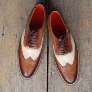 Men's Brown & White Wing Tip Leather Shoe - leathersguru