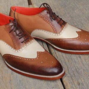 Men's Brown & White Wing Tip Leather Shoe - leathersguru