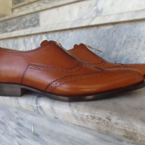 Bespoke Tan Leather Wing Tip Zip Up Shoes for Men's - leathersguru