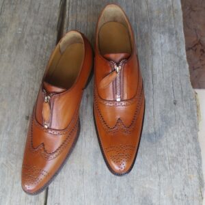 Bespoke Tan Leather Wing Tip Zip Up Shoes for Men's - leathersguru