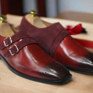 Men's Handmade Burgundy Leather Suede Shoes, Double Buckle Shoes, Classic Shoes