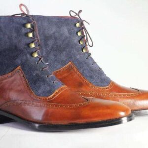 Men's Ankle Two Tone Wing Tip Lace Up Leather Suede Boot - leathersguru