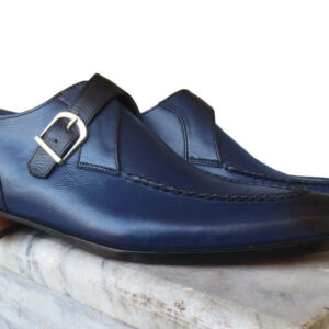 Bespoke Blue Leather Monk Strap Shoe for Men - leathersguru