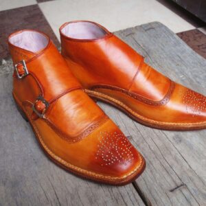 Handmade Tan Leather Brogue Toe Monk Boots - leathersguru