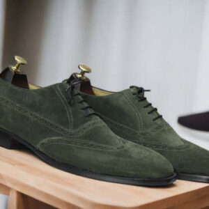 Handmade Green Suede Shoes, Wing Tip Shoes, Lace Up Dress Shoes