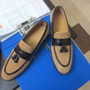 Handmade Men's Beige Suede Tussles Loafers - leathersguru