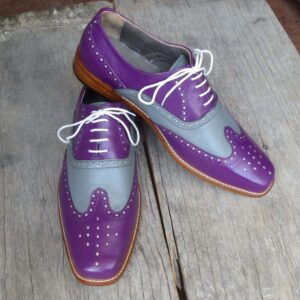 Bespoke Purple Gray Leather Wing Tip Shoes for Men's - leathersguru