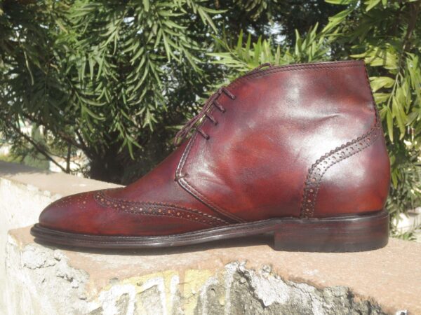 Handmade Men's Burgundy Leather Chukka Wing Tip Boot - leathersguru