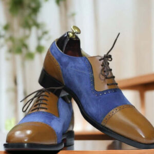 Handmade Blue Brown Denim Leather Shoes, Cap Toe Shoes, Men's Dress Shoes