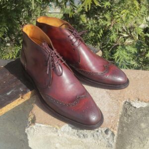 Handmade Men's Burgundy Leather Chukka Wing Tip Boot - leathersguru