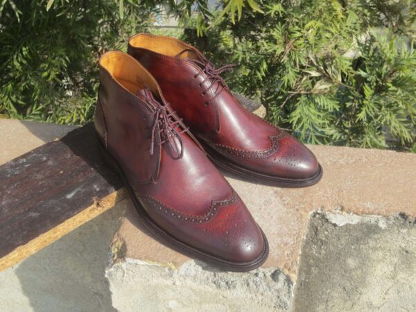 Handmade Men's Burgundy Leather Chukka Wing Tip Boot - leathersguru