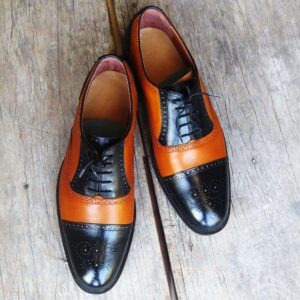 Handmade Tan Black Leather Cap Toe Brogue Shoes - leathersguru