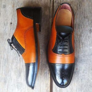 Handmade Tan Black Leather Cap Toe Brogue Shoes - leathersguru