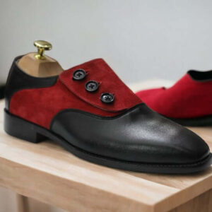 Handmade Men's Black Red Leather Suede Side Button Shoes