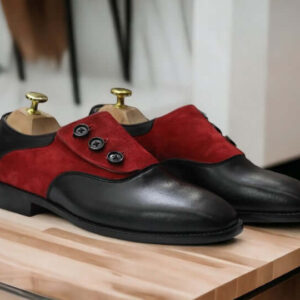 Handmade Men's Black Red Leather Suede Side Button Shoes