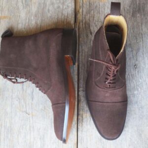 Handmade Men's Ankle High Brown Suede Cap Toe Boot - leathersguru
