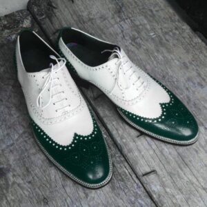 Bespoke Green White Leather Wing Tip Lace Up Shoe for Men - leathersguru