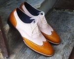 Bespoke Tan and White Leather Wing Tip Lace Up Shoes for Men's - leathersguru