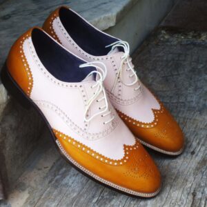 Bespoke Tan and White Leather Wing Tip Lace Up Shoes for Men's - leathersguru