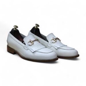 Handmade White Fringe Loafers Leather Shoes For Men’s