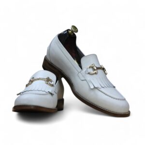 Handmade White Fringe Loafers Leather Shoes For Men’s