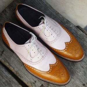 Bespoke Tan and White Leather Wing Tip Lace Up Shoes for Men's - leathersguru