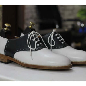 Handmade Black & White Lace Up Leather Dress Shoes For Men's