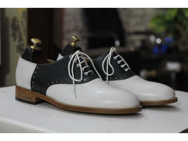 Handmade Black & White Lace Up Leather Dress Shoes For Men's